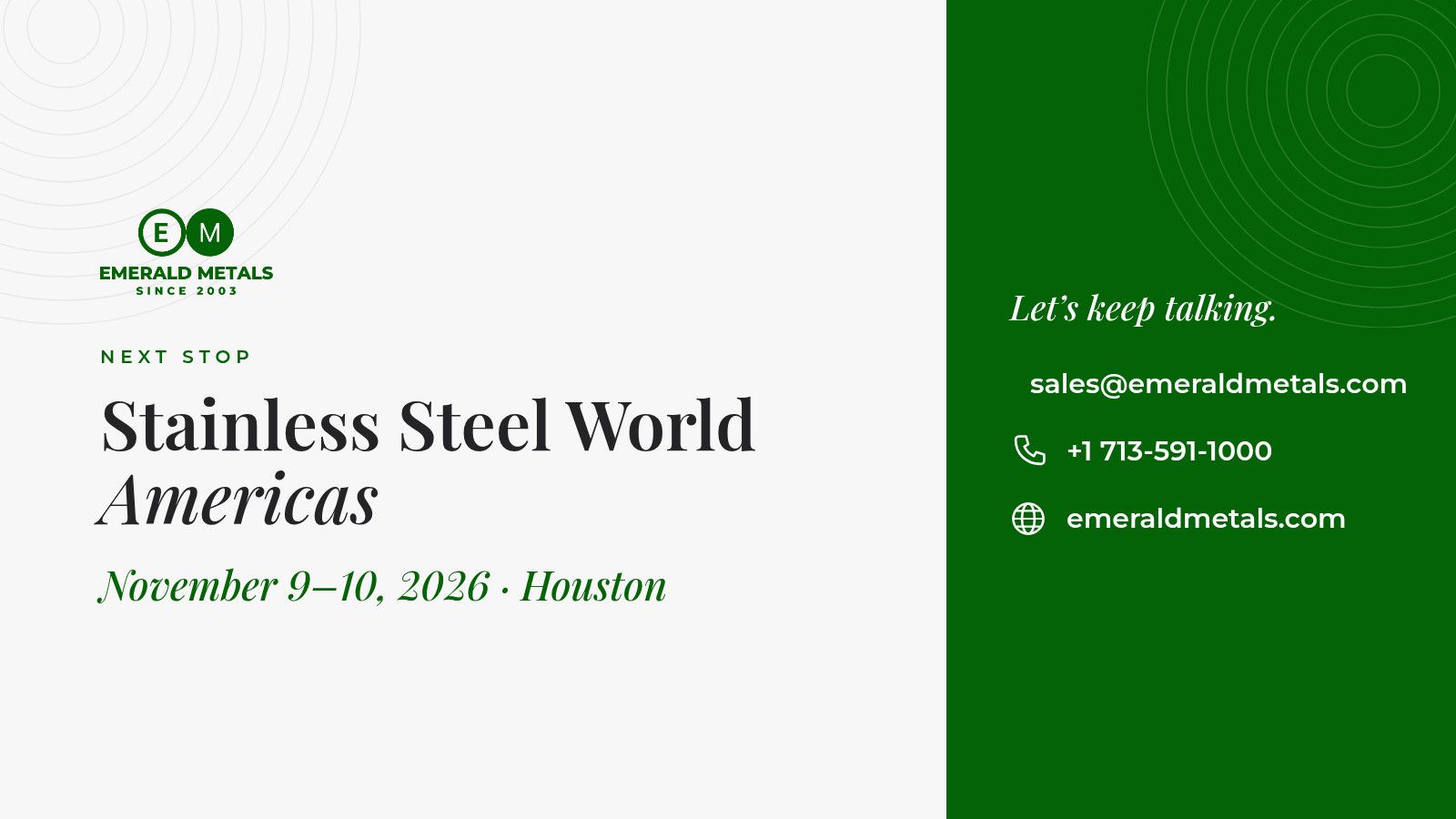Emerald Metals - Stainless Steel World Americas 2026 Business Card