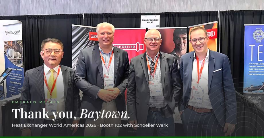 Emerald Metals and Schoeller Werk representatives discussing stainless steel tubing at Heat Exchanger World Americas 2026, Booth 102.
